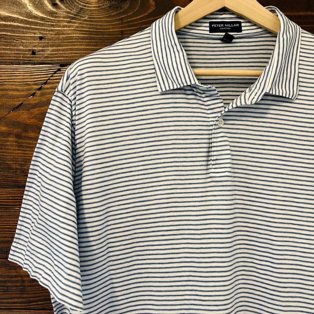 Peter Millar Collection Polo Shirt Mens 2XL Blue White Stripe 100% Cotton Luxury